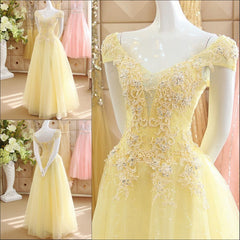 Light Yellow Tulle Cap Sleeves with Lace Applique Prom Dress Outfits For Girls, Yellow Long Evening Dress