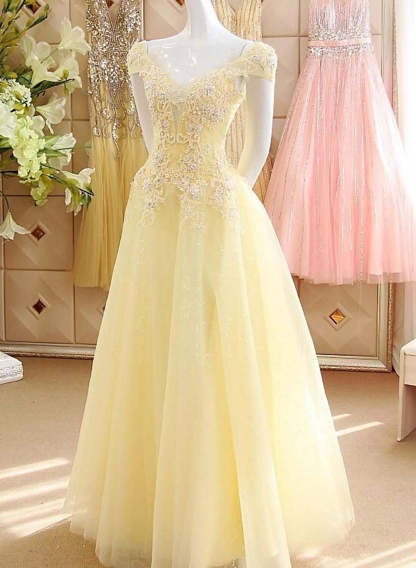 Light Yellow Tulle Cap Sleeves with Lace Applique Prom Dress Outfits For Girls, Yellow Long Evening Dress