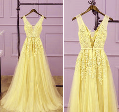 Light Yellow Tulle Long Party Dress Outfits For Girls, A-line Prom Dress Outfits For Women Evening Gowns