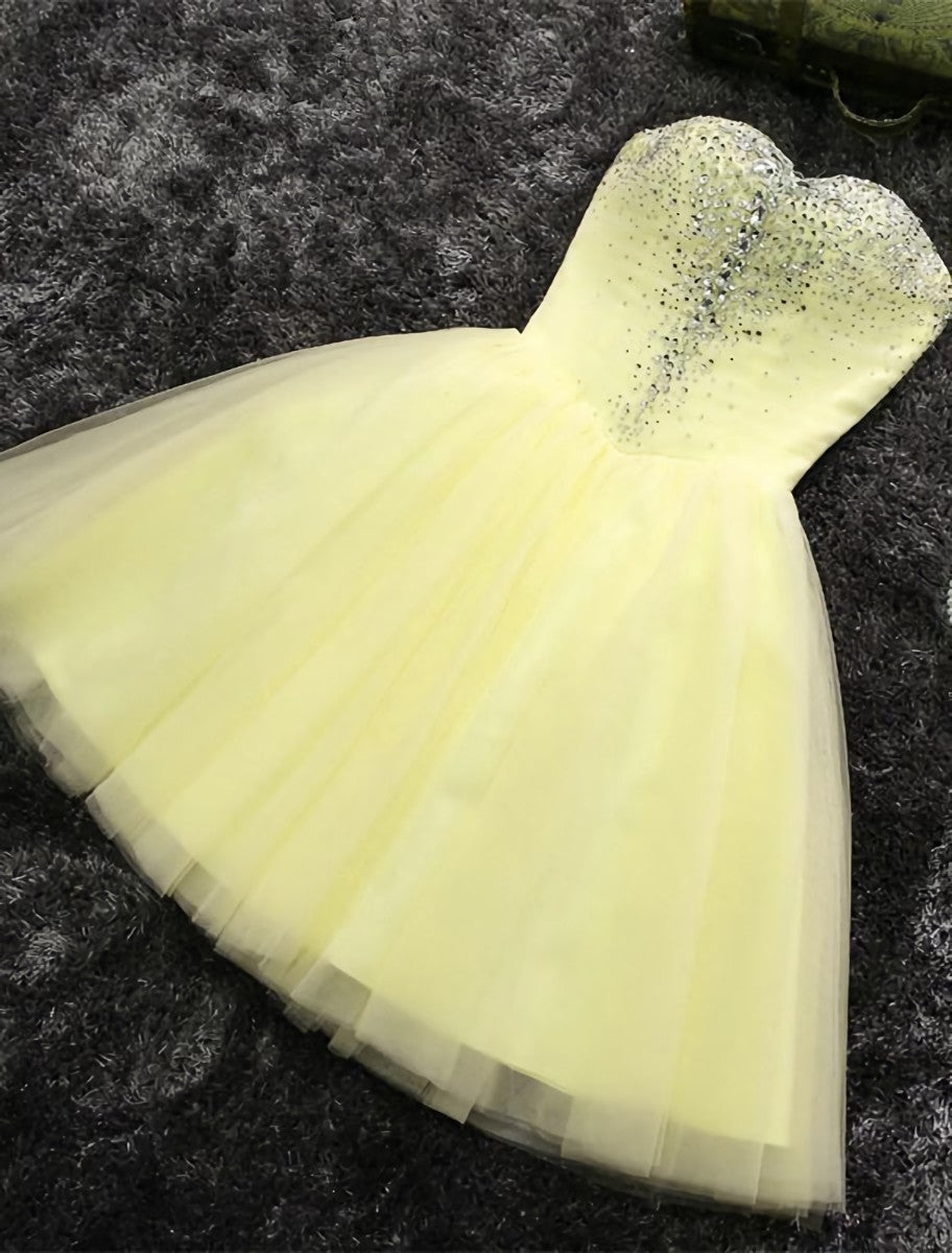 Light Yellow Tulle Short Beaded Sweetheart Homecoming Dress Outfits For Girls, Tulle Short Formal Dress