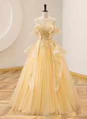 Light Yellow Tulle with Beadings and Lace Party Dress Outfits For Girls, Yellow Tulle Prom Dress