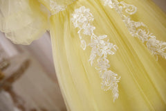 Light Yellow Tulle with Lace Puffy Sleeves Party Dress Outfits For Girls, Yellow Homecoming Dresses
