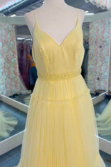 Light Yellow V-Neck Tulle A-Line Long Prom Dress