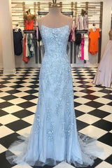 Chic Trumpet Spaghetti Straps With Lace Appliques Light Blue Prom Dresses