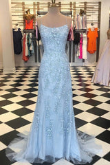 Spaghetti Strap Light Sky Blue Mermaid Prom Dresses Backless Formal Dress