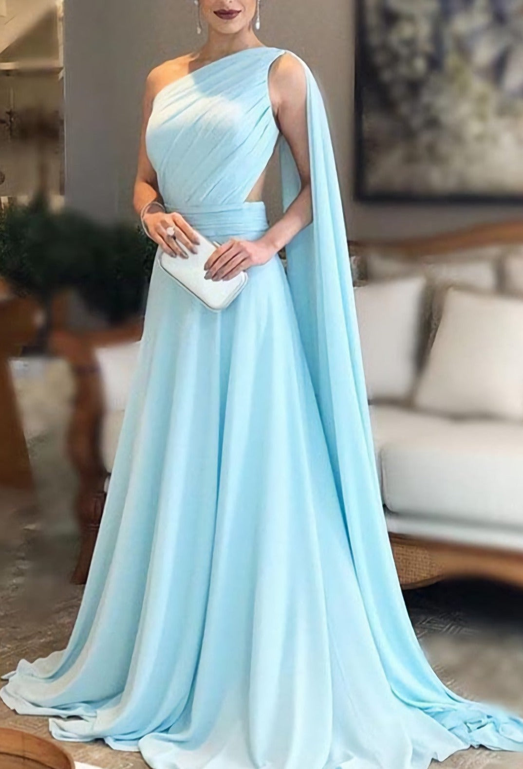 Light Blue One Shoulder Chiffon Formal Dresses Pleats Sheer Illusion Back Prom Gown