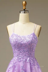 Lilac A-line Lace-Up Back Applique Tulle Mini Homecoming Dress