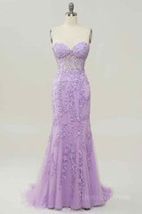 Lilac Mermaid Strapless Lace-Up Tulle Applique Long Prom Dress