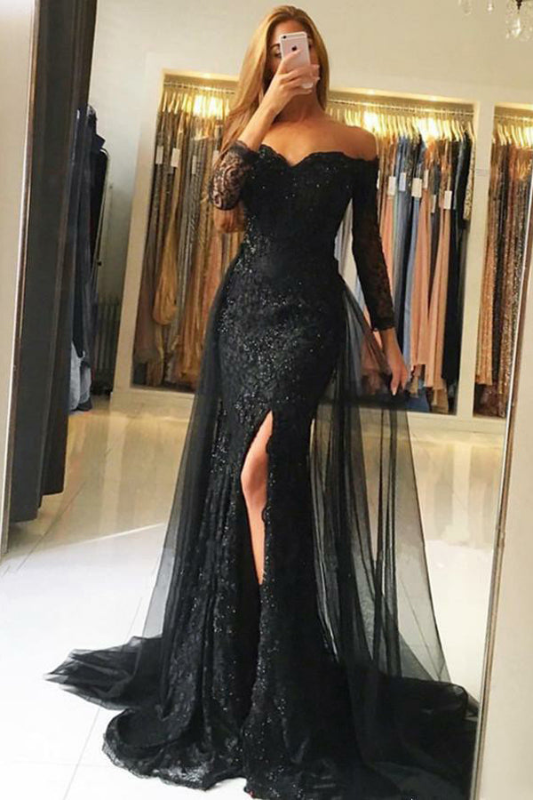 Black Tulle Mermaid Off-the-Shoulder Long Sleeves Prom Dresses with Lace Sequins