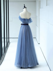Strapless Tulle Blue Floor Length Prom Dress, A-Line Blue Evening Party Dress