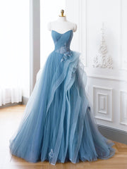 Blue Tulle Lace Long Formal Dress, A-Line Blue Evening Prom Dress