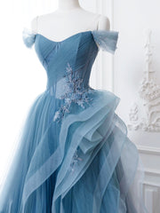 Blue Tulle Lace Long Formal Dress, A-Line Blue Evening Prom Dress