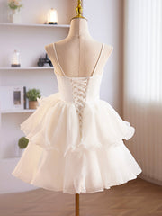 White Tulle Sweetheart Short Prom Dress, White Tulle Straps Party Dress