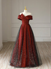 Burgundy Satin Long V-Neck Prom Dress, Off the Shoulder Party Dress