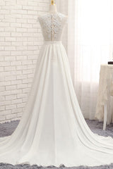 Long A-line Appliques Lace Chiffon Wedding Dress with Slit