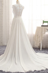 Long A-line Appliques Lace Chiffon Wedding Dress with Slit