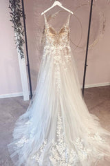 Long A-Line Appliques Lace Spaghetti Straps Sweetheart Tulle Wedding Dresses