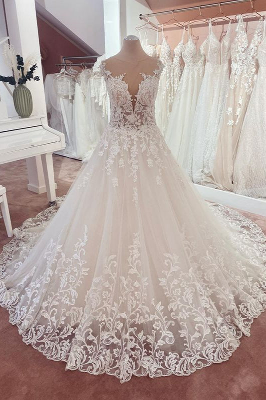 Long A-Line Appliques Lace Sweetheart Tulle Wedding Dress