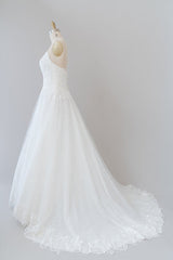 Long A-line Spaghetti Strap Applique Tulle Backless Wedding Dress