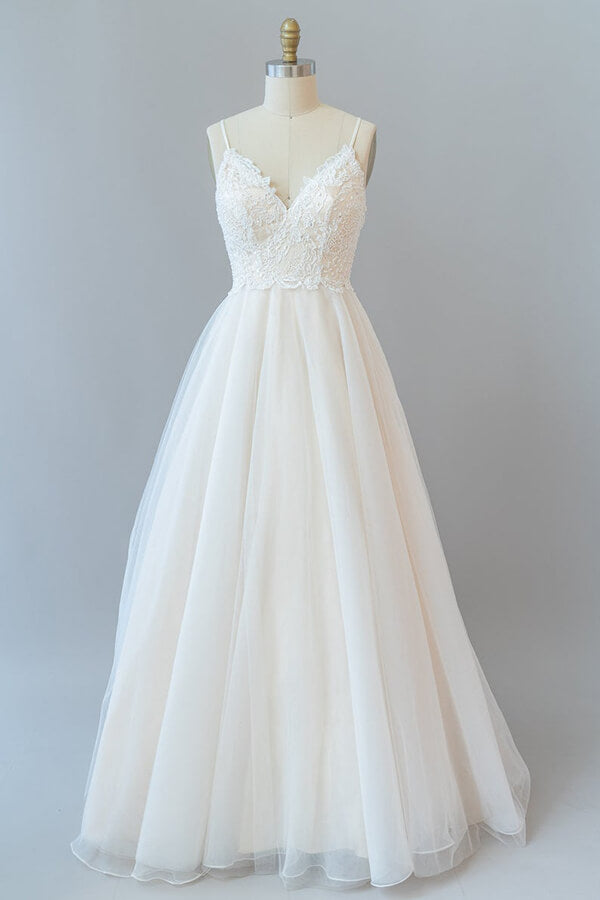 Long A-line Spaghetti Strap Lace Tulle Backless Wedding Dress