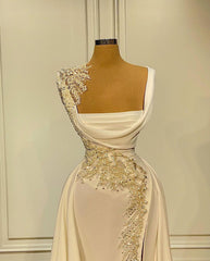 Long A-Line Square Neckline Satin Ivory Prom Dress With Slit