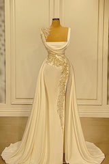 Long A-Line Square Neckline Satin Ivory Prom Dress Outfits For Women With Slit