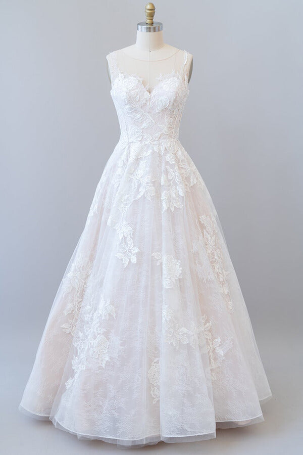 Long A-line Sweetheart Appliques Lace Tulle Wedding Dress