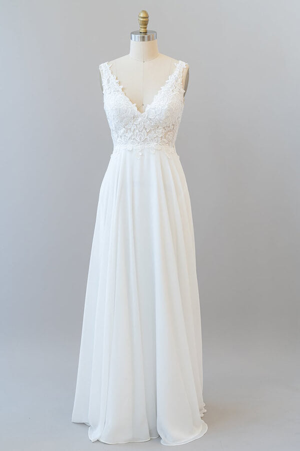 Long A-line V-neck Appliques Lace Chiffon Wedding Dress