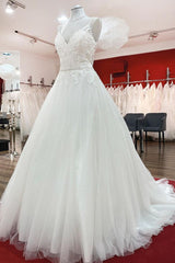 Long A-line V-neck Spaghetti Straps Backless Wedding Dress with Lace