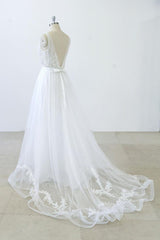 Long A-line V-neck Sweetheart Ruffle Applqiues Tulle Backless Wedding Dress