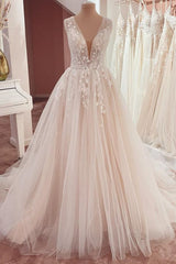 Long A-Line V-neck Wide Straps Appliques Lace Tulle Wedding Dress