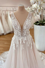 Long A-Line Wide Straps Tulle  Floral Lace Wedding Dress