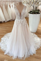 Long A-Line Wide Straps Tulle  Floral Lace Wedding Dress