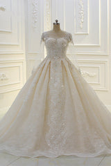 Long Ball Gown Beading Bateau Appliques Lace Wedding Dress Outfits For Women with Sleeves