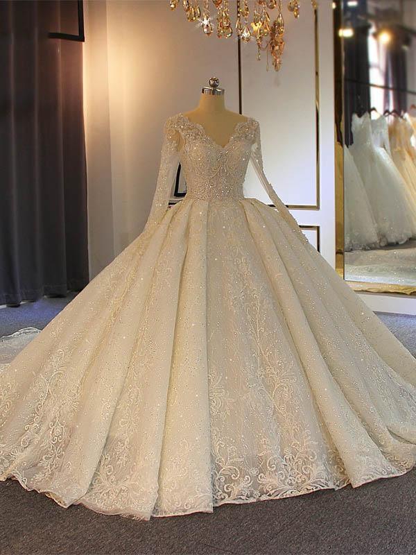Long Ball Gown Lace-Up Sparkling V-Neck Wedding Dresses For Black girls with Sleeves