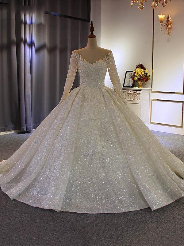 Long Ball Gown V Neck Sequins Wedding Dresses For Black girls with Sleeves