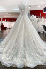 Long Ball Gown V-neck Spaghetti Straps Tulle Lace Wedding Dress