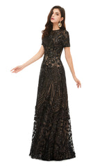 Long Black Sparkly Sequins Prom Dresses With Short Sleeves