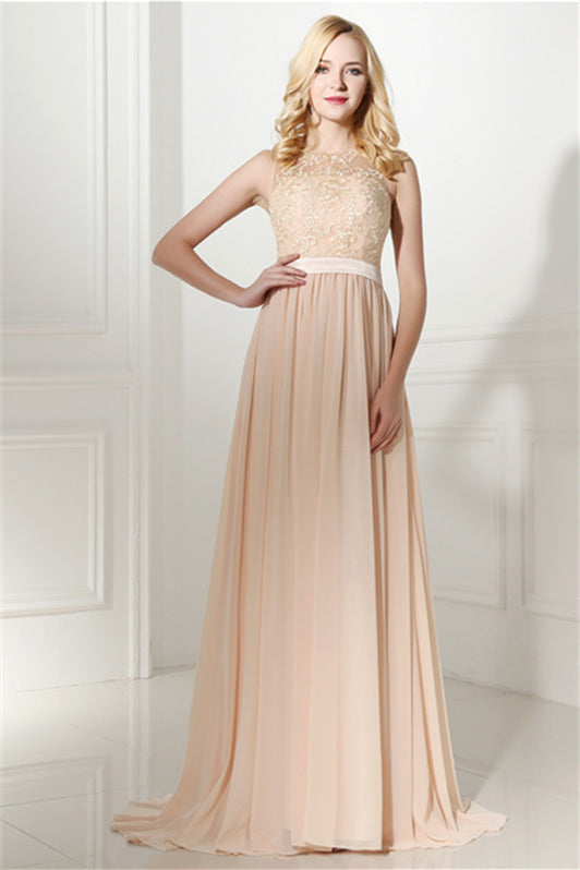 Long Chiffon Champagne Prom Dresses With Lace Bodice