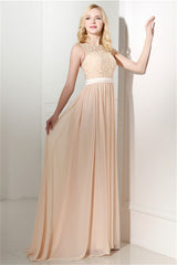 Long Chiffon Champagne Prom Dresses With Lace Bodice