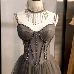 Long Grey Tulle Prom Dress Outfits For Women Corset With Beaded Neck A Line