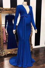 Long Mermaid Deep V-neck Pregnant Formal Evening Dress Outfits For Women with Sleeves