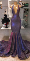 Long Mermaid Halter Sequins Formal Prom Dresses