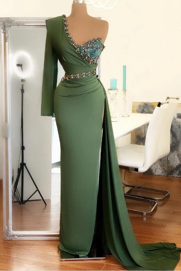 Long Mermaid One Shoulder Front Slit Prom Dress Outfits For Women With Sleeves