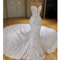 Long Mermaid Spaghetti Straps Appliques Lace Wedding Dress Outfits For Women With Cathedral Train