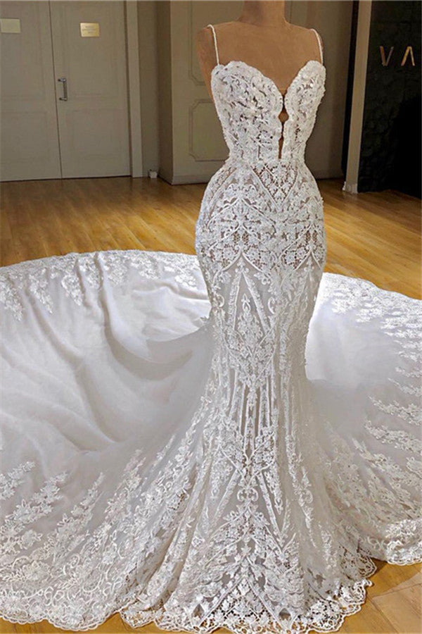 Long Mermaid Spaghetti Straps Appliques Lace Wedding Dress Outfits For Women With Cathedral Train