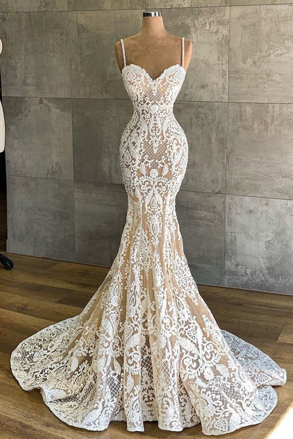 Long Mermaid Sweetheart Spaghetti Straps Appliques Lace Wedding Dress