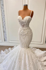 Long Mermaid Sweetheart Spaghetti Straps Tulle Beading Wedding Dress with Ruffles