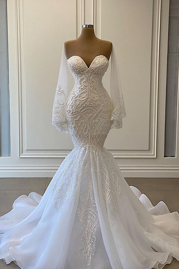 Long Mermaid Sweetheart Strapless Pearls Beadings Lace Wedding Dress Outfits For Women with Sleeves