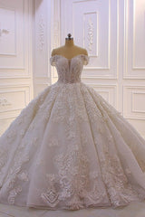 Long Princess Sweetheart Off-the-Shoulder Backless Appliques Lace Ruffles Tulle Wedding Dress